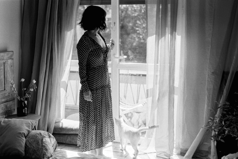 Elegant lady with a cat by the window