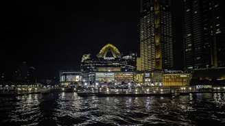 a large body of water next to a city at night
