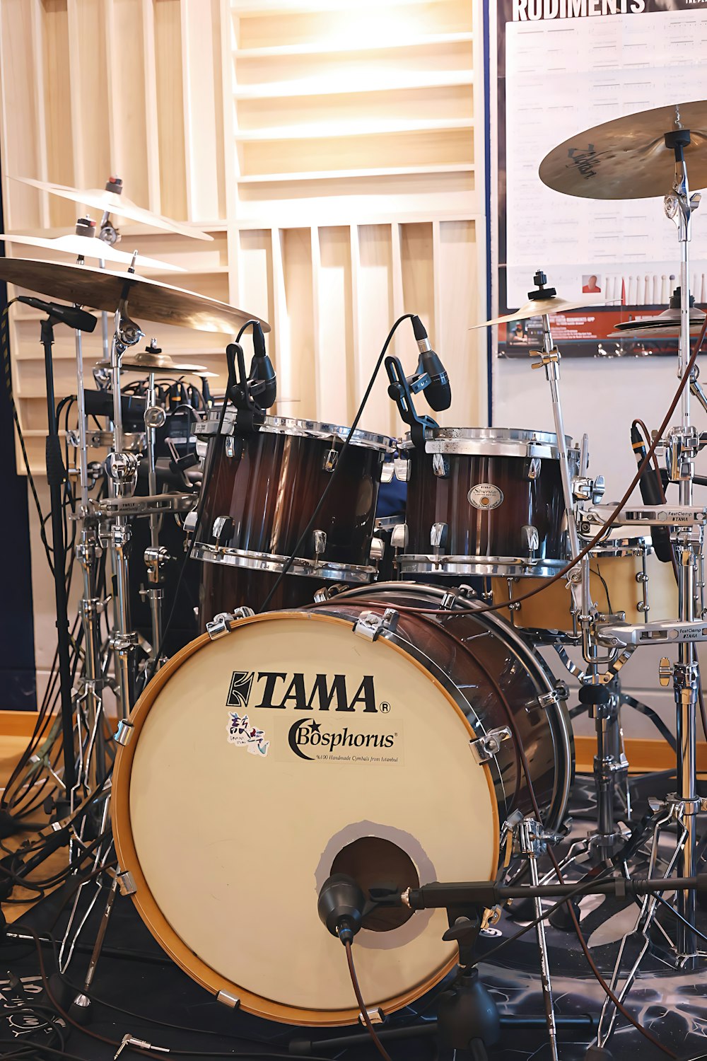 a drum set on display in a room