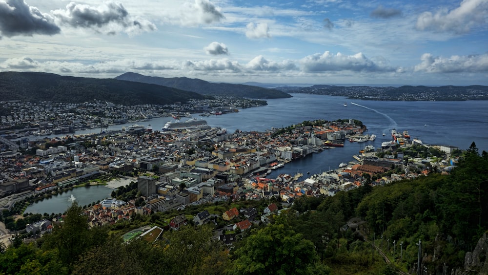 an aerial view of a city and a body of water