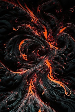 Close-up of a fiery orange and black tattoo blending abstract shapes and sharp lines