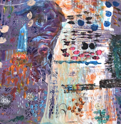 An abstract painting featuring a vibrant array of colors and textures. Swirls of blues, pinks, purples, and oranges create a dynamic composition. The use of bold brushstrokes and layered paint gives the image a sense of movement and depth.