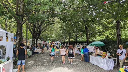 An outdoor market buzzing with people browsing unique local products.