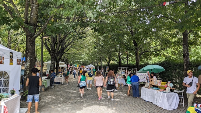 A bustling outdoor market with various stalls set up along a tree-lined path. People are walking and browsing among the colorful displays of goods. The atmosphere is lively under the canopy formed by the green leaves overhead.