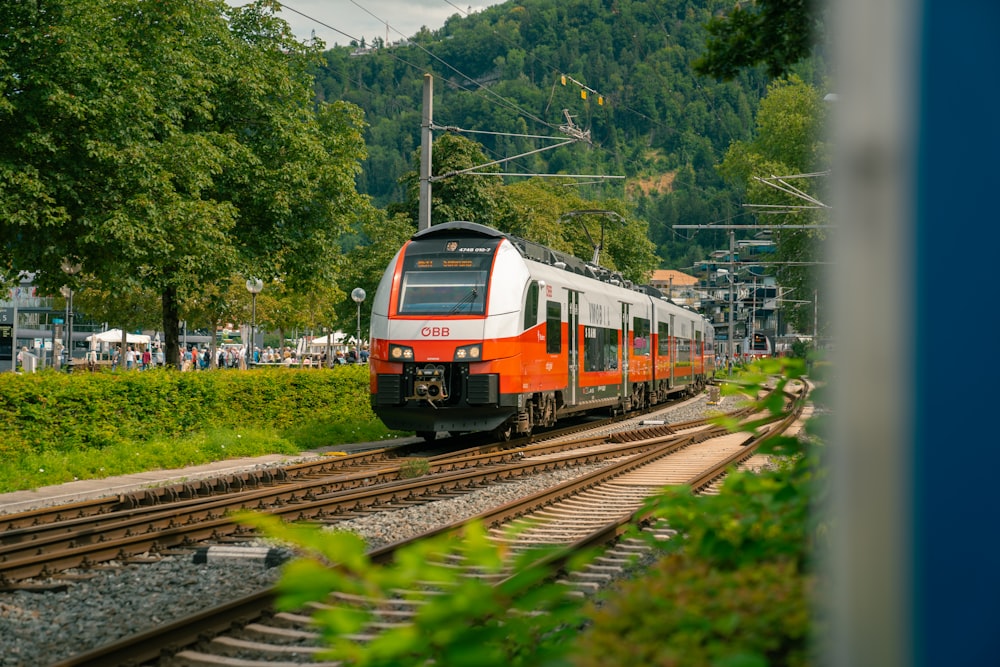 a train traveling down train tracks near a forest