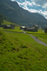 Visitors walking along a sunny farm path surrounded by crops and rustic barns.