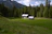 Cozy alpine cabin surrounded by lush green forest under a clear blue sky.