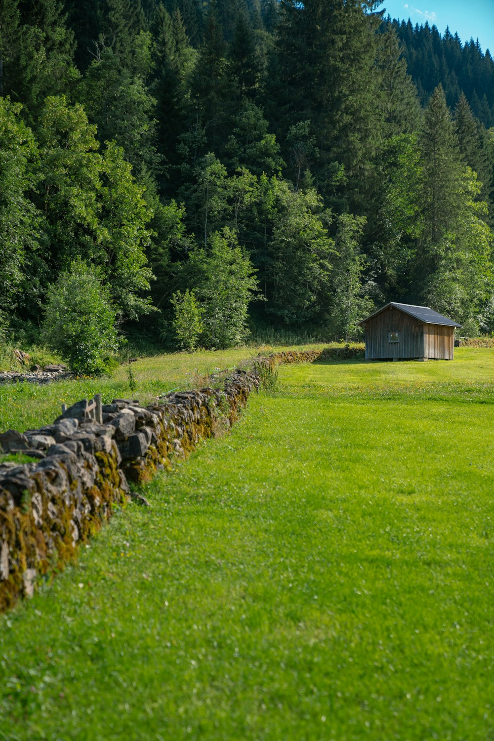a field with a stone fence and a barn in the background