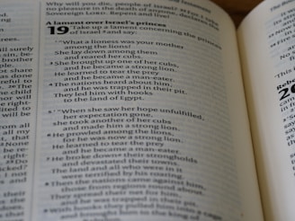 An open Bible displaying a page from the Book of Ezekiel with text about a lament over Israel's princes. The scripture includes numbered verses and is written across both visible pages.