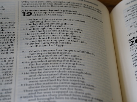 An open Bible displaying a page from the Book of Ezekiel with text about a lament over Israel's princes. The scripture includes numbered verses and is written across both visible pages.