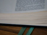 Close-up of an open book with delicate cream pages and deep green bookmark.
