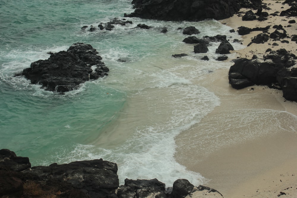 a sandy beach next to a body of water