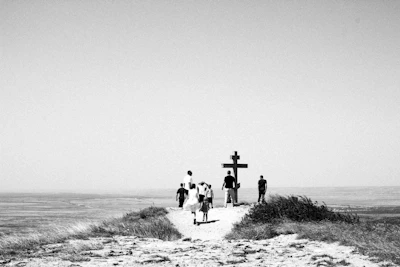 A group of pilgrims walking along a scenic trail lined with wildflowers and crosses.