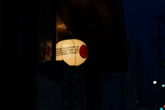 Traditional Japanese paper lanterns glowing softly at dusk.