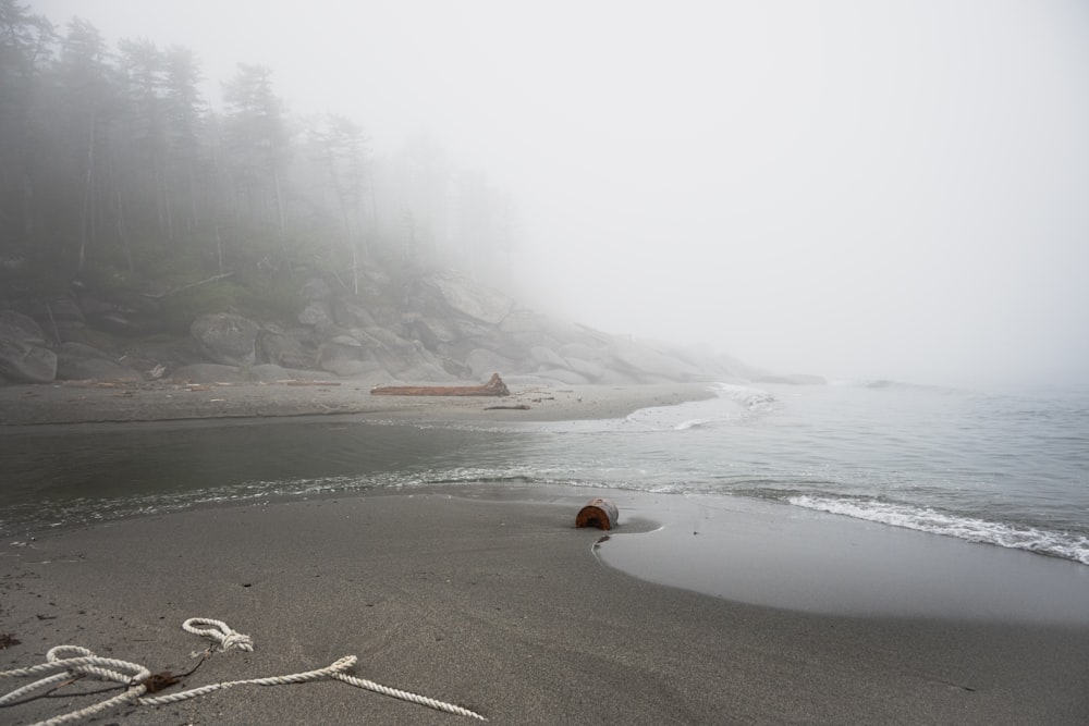 a foggy beach with a boat in the water