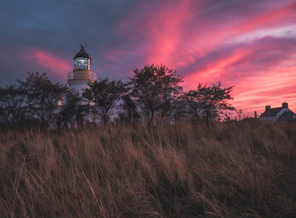 a light house sitting on top of a lush green field