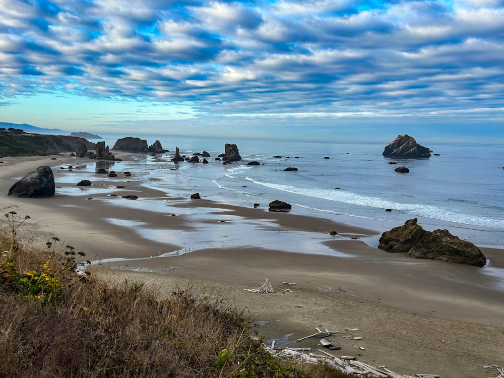 Una vista de una playa con rocas en el agua