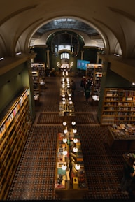 a library filled with lots of books and lots of lights