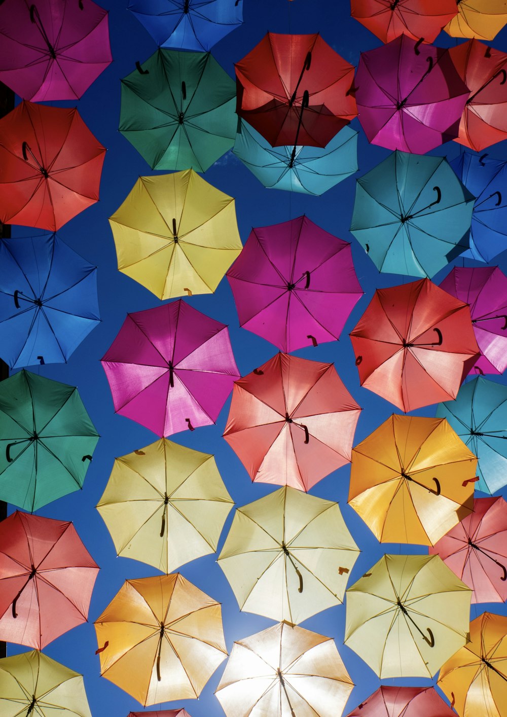 a group of multicolored umbrellas with numbers on them