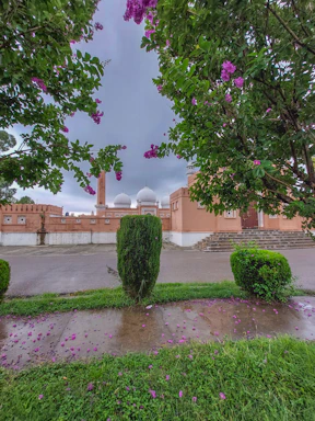 A serene view of the Jamia Ul Uloom Multan campus entrance with greenery and Islamic architectural details.