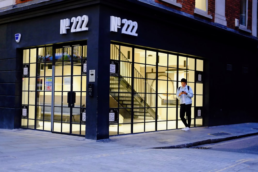 a man is standing outside of a store