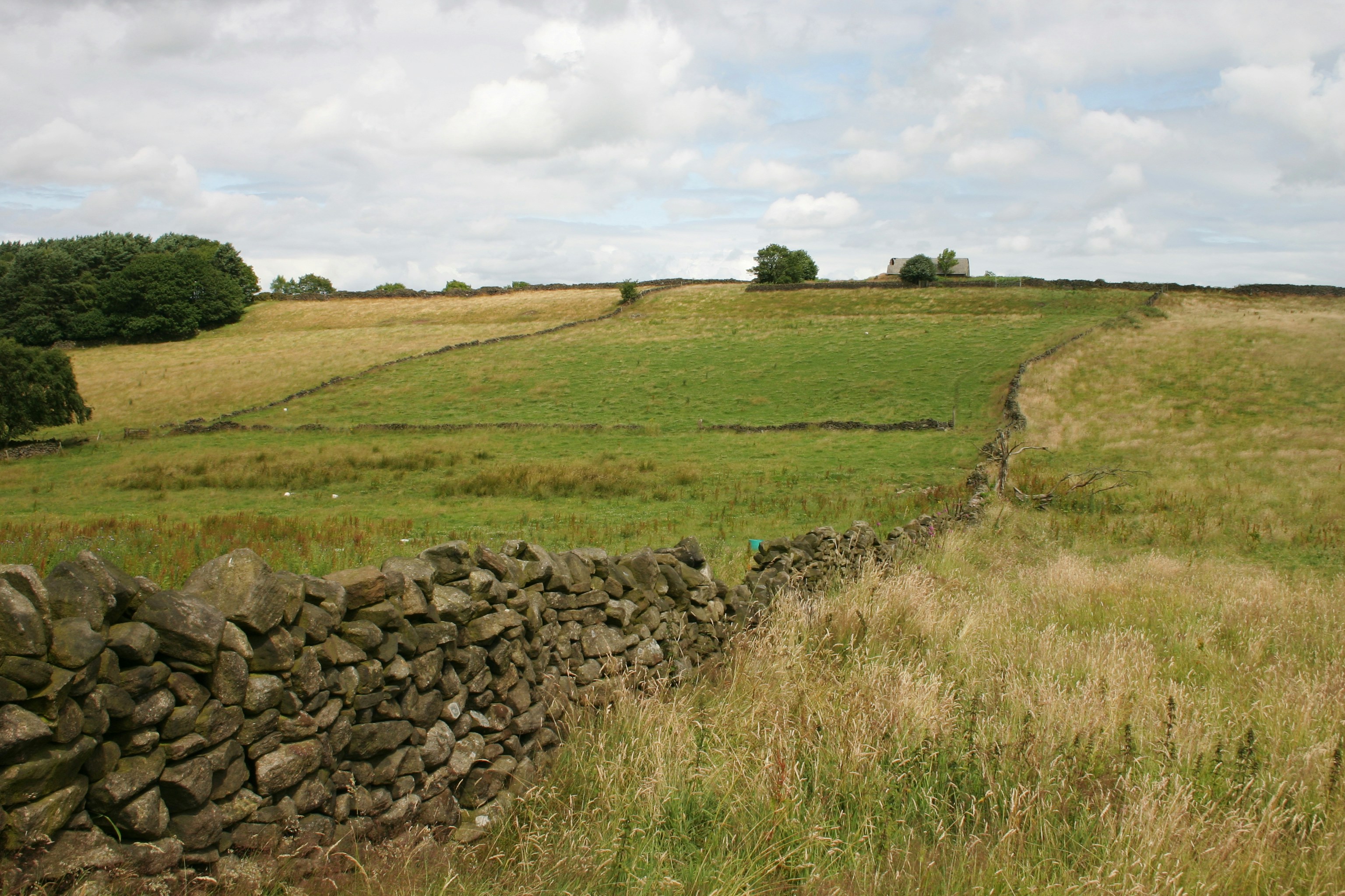 a stone wall in the middle of a grassy field
