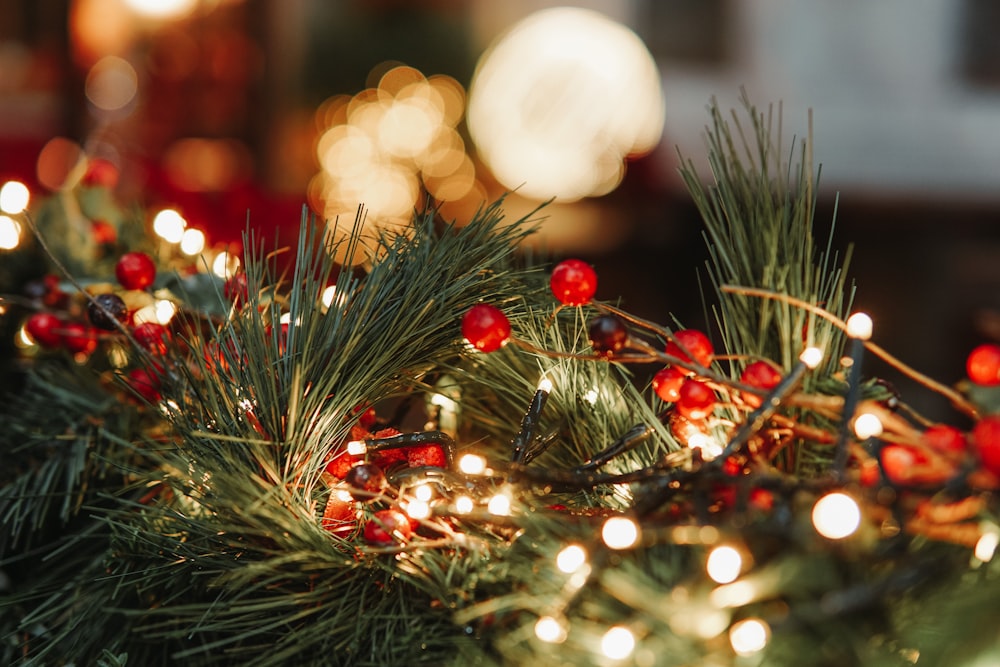 a close up of a christmas tree with lights