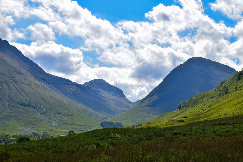 a grassy valley with mountains in the background