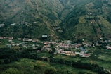 A small village nestled in a lush green valley surrounded by hills. The landscape is dotted with houses featuring colorful rooftops spread across the terrain, blending harmoniously with the natural environment. Dense patches of trees intersperse with cultivated fields, creating a patchwork of greenery.