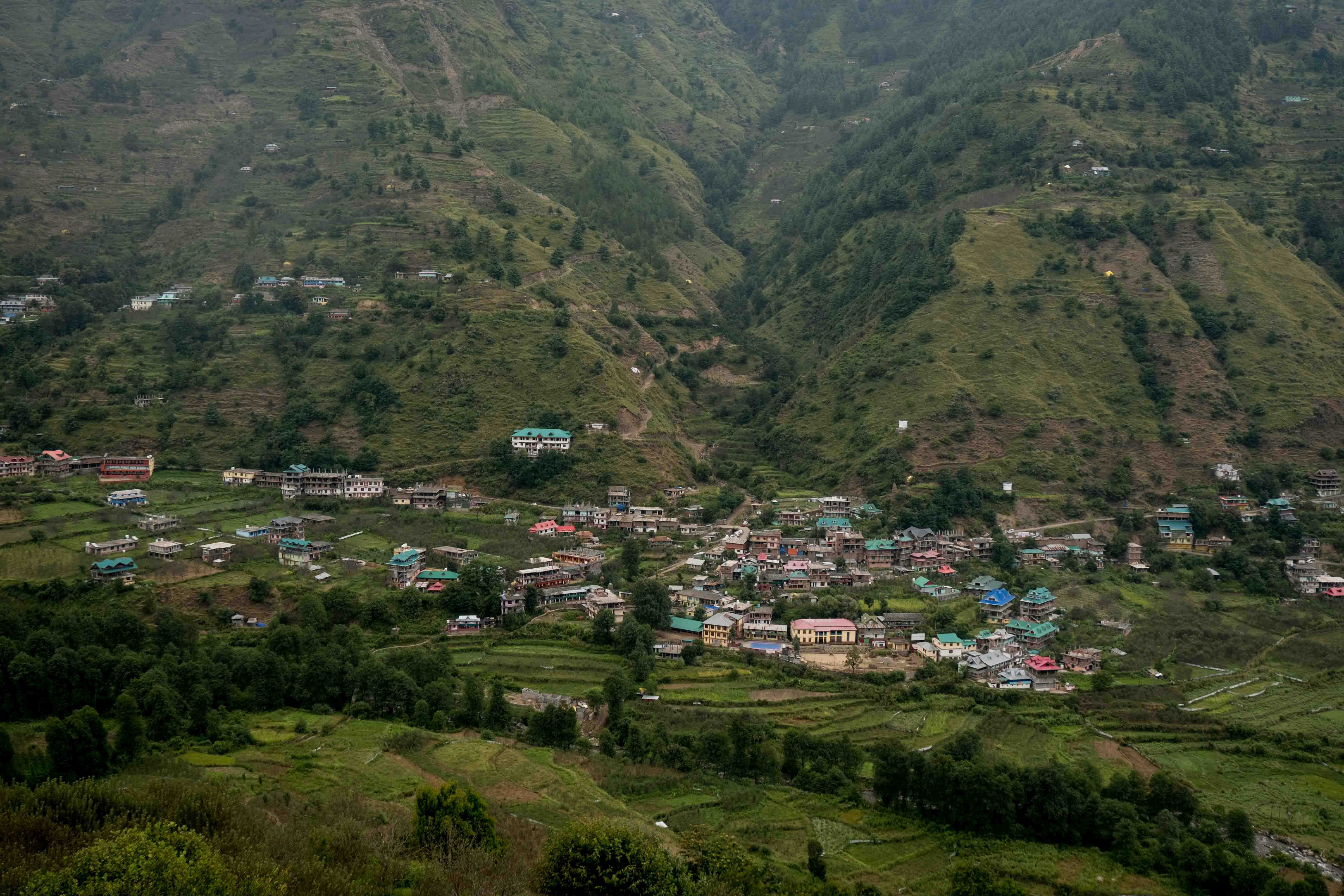 a small village nestled in a valley surrounded by mountains