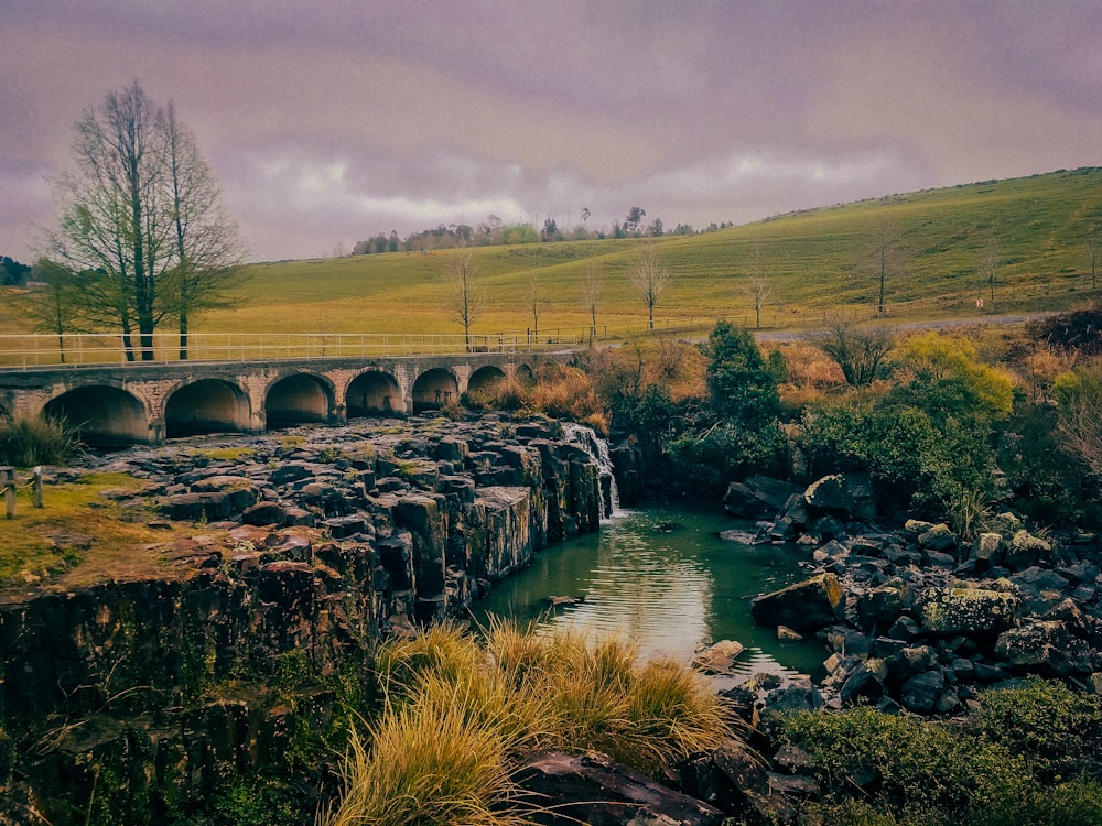 a river running under a bridge next to a lush green hillside