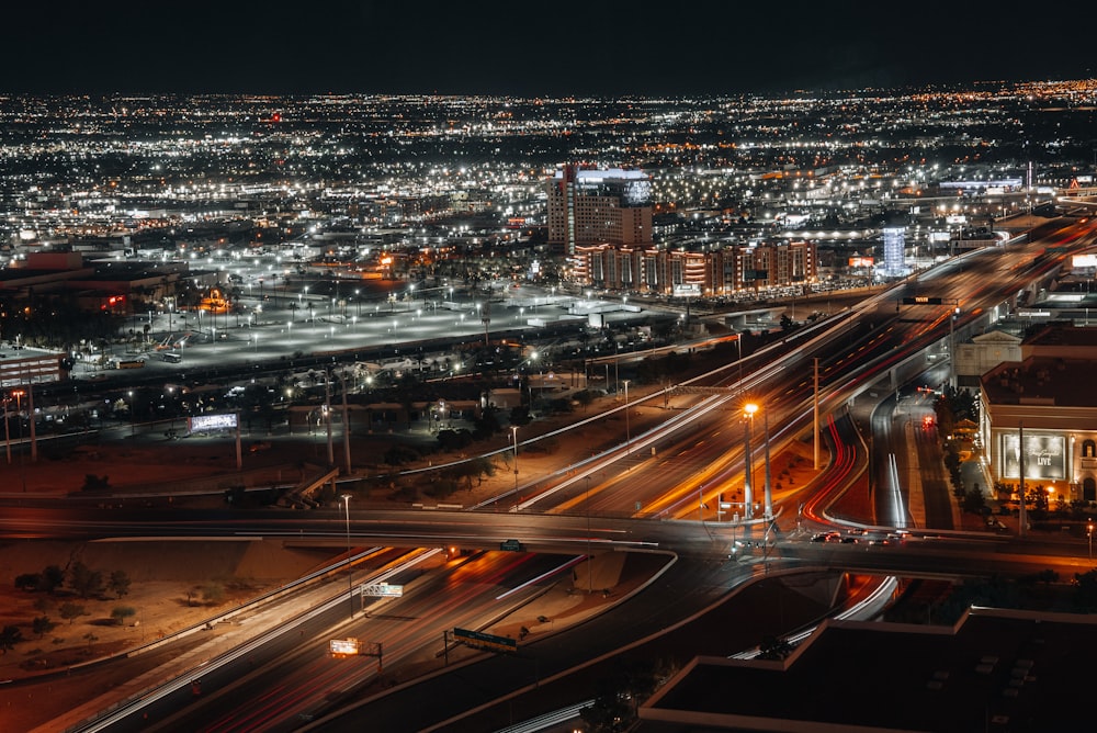 an aerial view of a city at night