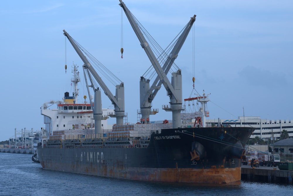 a large cargo ship docked in a harbor