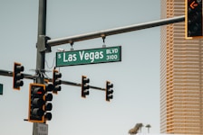 A street sign for Las Vegas Boulevard is prominently displayed against a clear sky. Multiple traffic lights surround the sign, and a modern glass building is visible in the background. There are also palm trees in the scene.