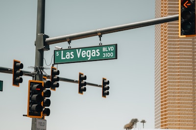 A street sign for Las Vegas Boulevard is prominently displayed against a clear sky. Multiple traffic lights surround the sign, and a modern glass building is visible in the background. There are also palm trees in the scene.
