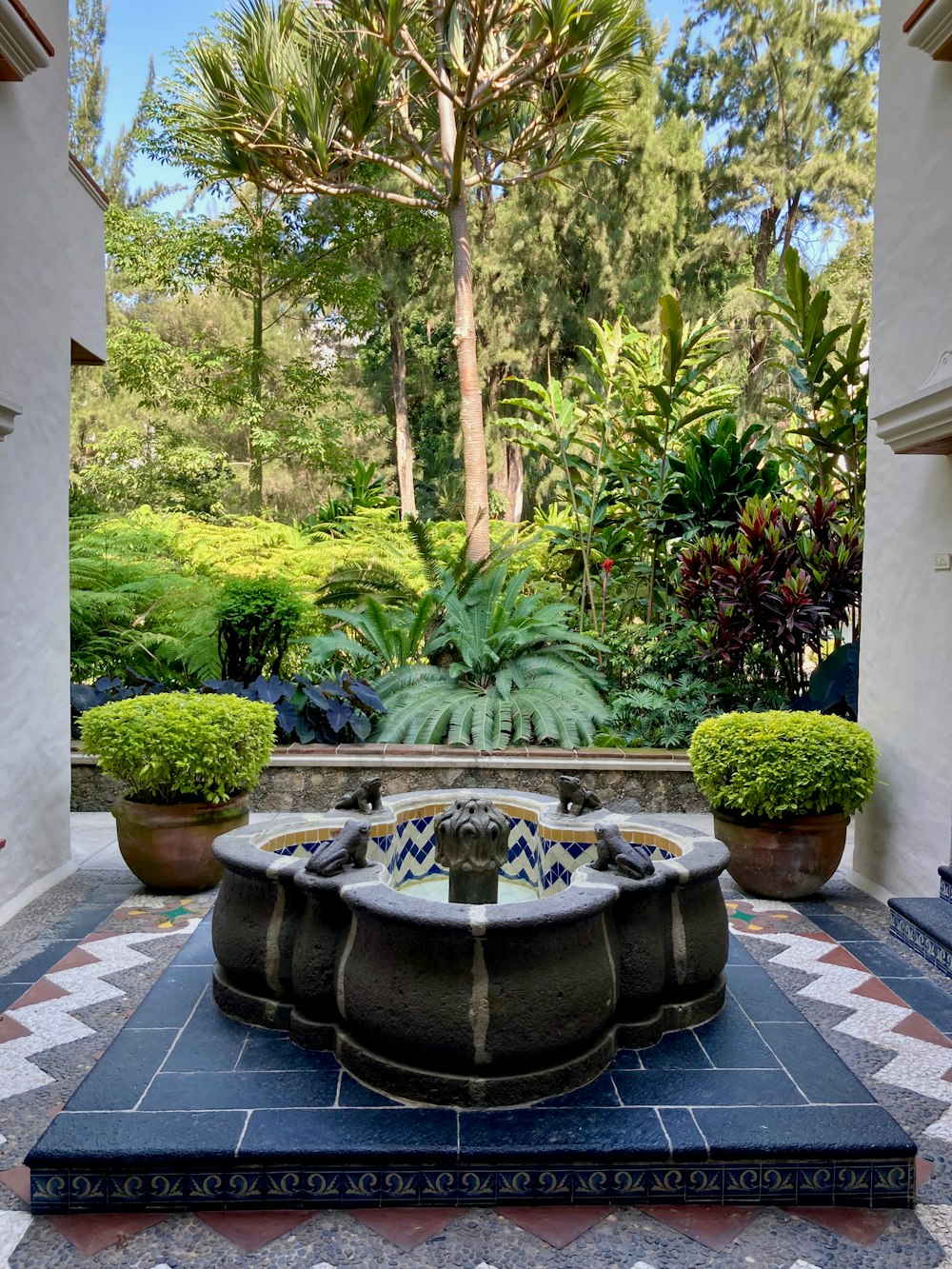 a fountain in the middle of a garden