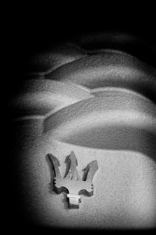 A trident emblem is positioned on a textured surface that appears to be covered in fine layers of sand or fabric, casting soft shadows. The composition is monochromatic with distinct highlights and shadows accentuating the contours.