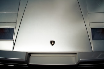 The image displays the front hood of a sleek, metallic sports car featuring a distinctive emblem in the center. The panels have a smooth and shiny surface, with angular indentations on either side of the hood.