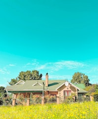 A charming countryside house featuring a green roof and brick walls, surrounded by a garden full of vibrant flowers and greenery. The sky is clear and blue with a few scattered clouds, adding to the serene and picturesque setting. Trees frame the house, enhancing the natural ambiance.