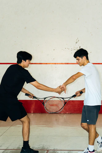 two young men holding tennis racquets on a court