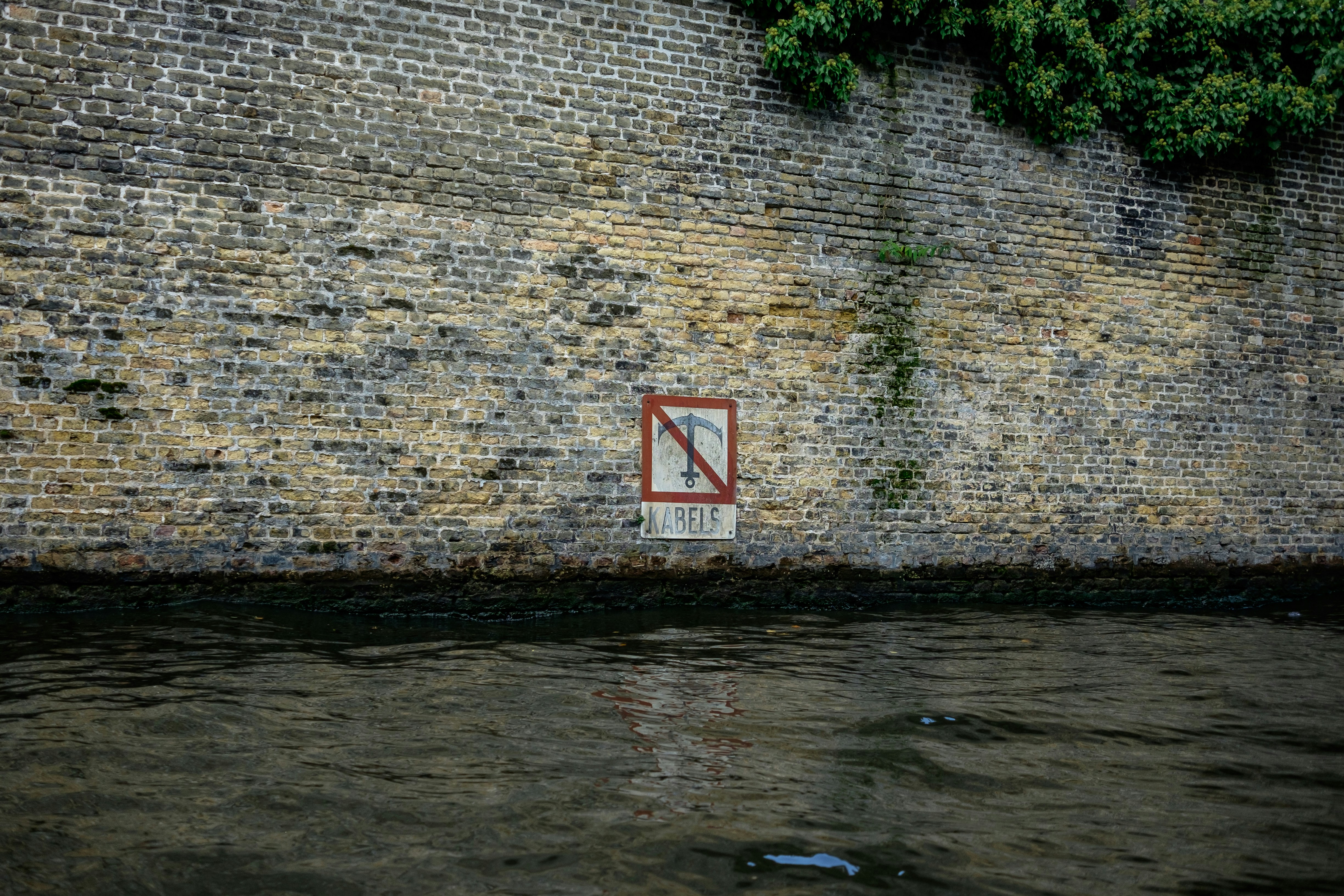 a no swimming sign on a brick wall
