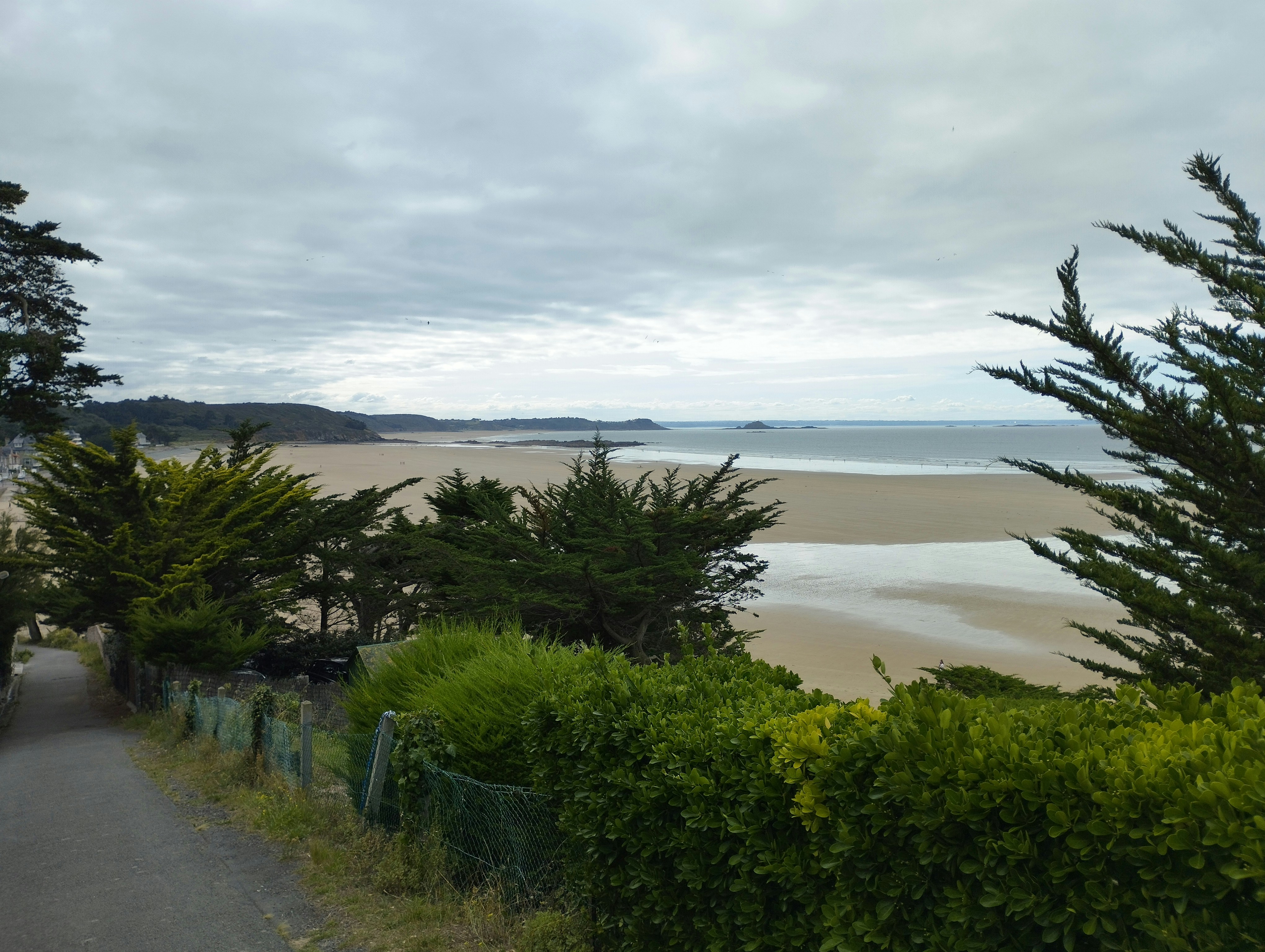 a view of a beach through a fenced in area