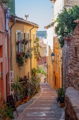 a narrow street with a stone walkway between two buildings