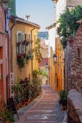 a narrow street with a stone walkway between two buildings
