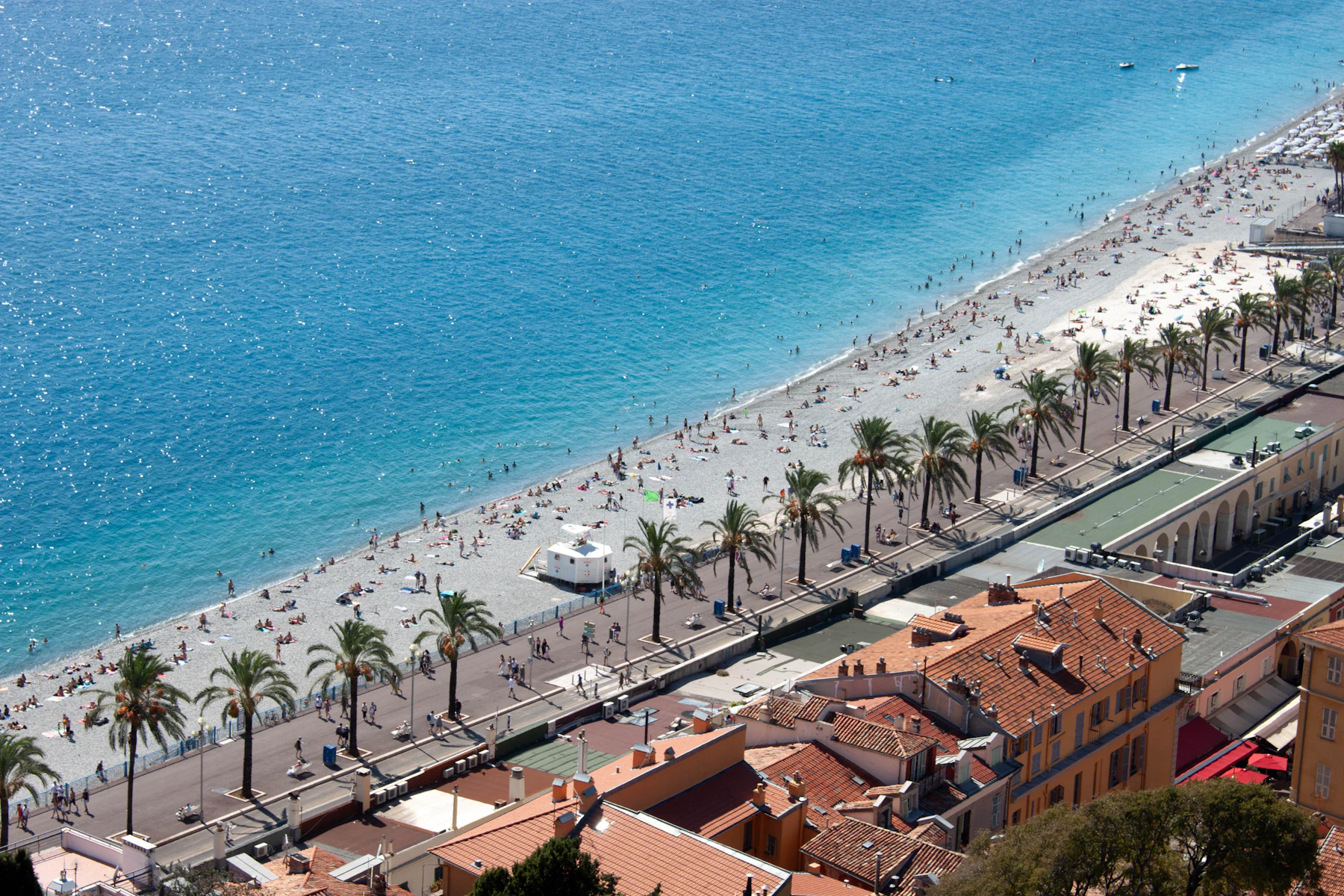 Promenade des Anglais in Nizza mit Palmen und Kieselstrand