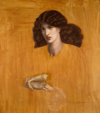 A classic portrait of a woman with long dark curls and striking features painted against a golden brown background. Her expression is solemn and her hands are partially painted.