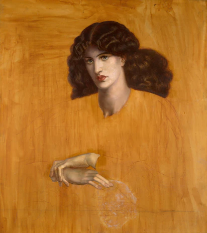 A detailed portrait of a woman with expressive eyes, painted in rich, warm tones.