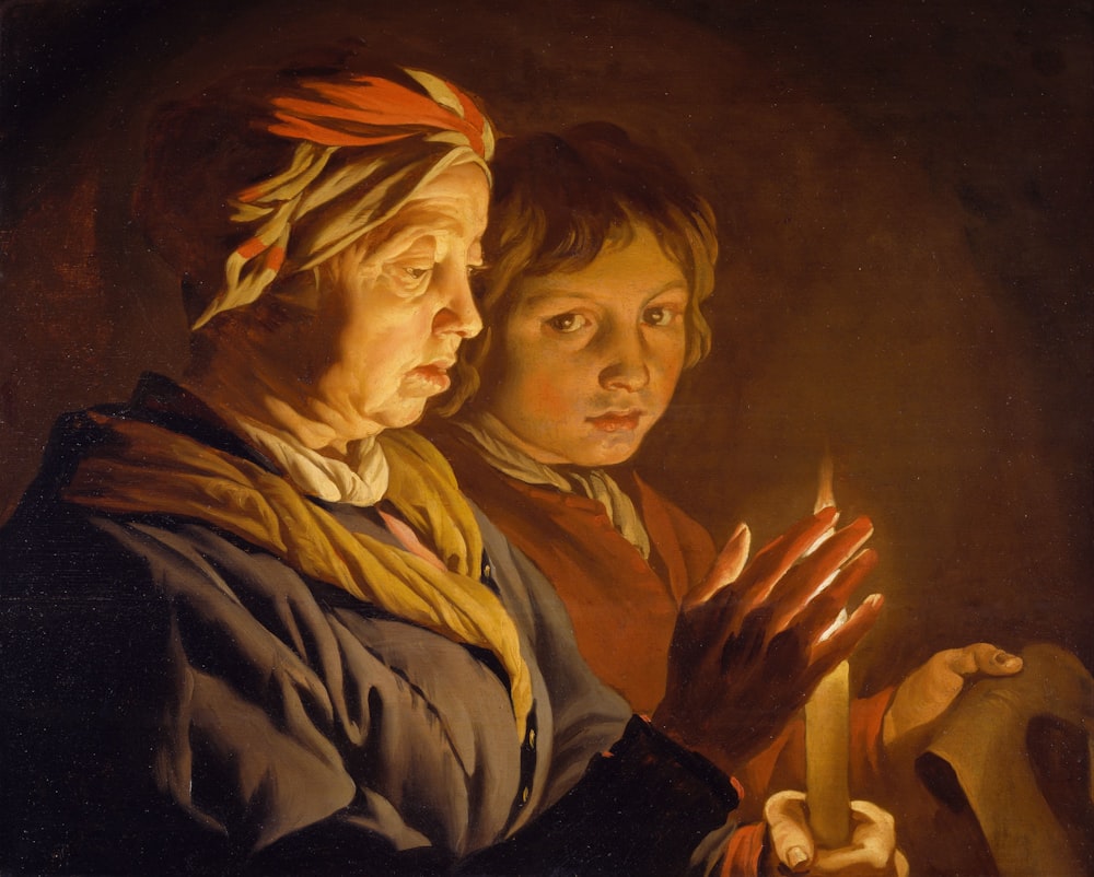 a painting of two people holding a candle