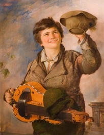 A charming character holding a musical instrument in a vibrant landscape.