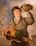 A young person with short hair smiles while holding a rustic, stringed musical instrument in one hand and a green hat in the other. The clothing appears worn and patched, suggesting a historical or rural setting. The background includes a softly painted sky with some foliage visible.